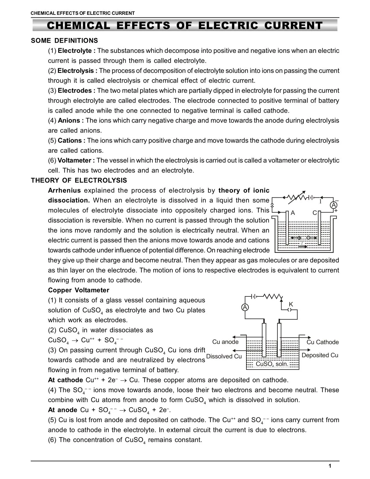 Chemical Effect of Electric Current Notes