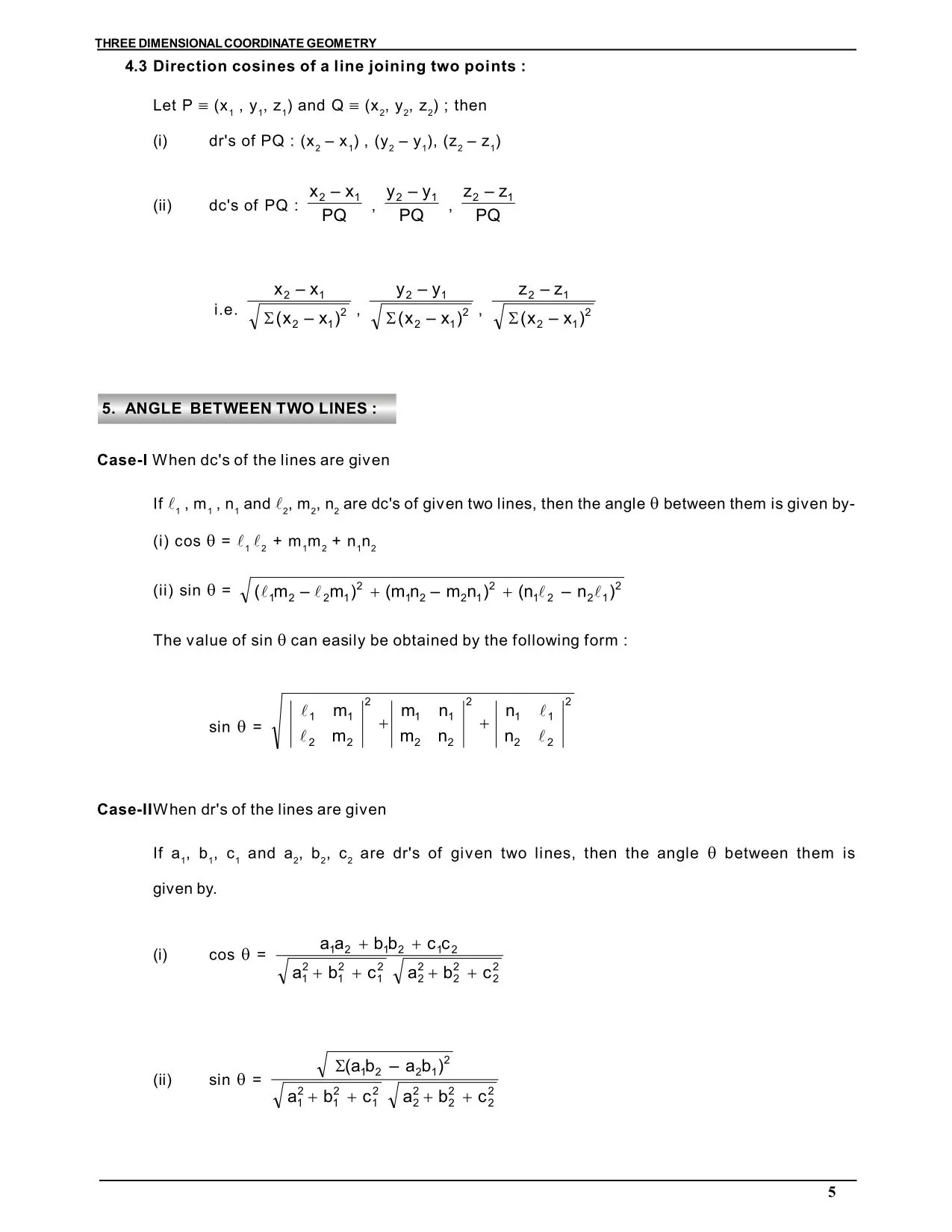 3D Geometry Class 12 Notes : angle between two lines