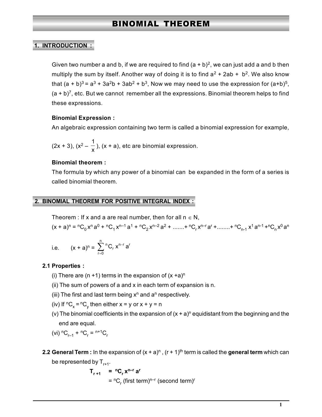 Binomial Theorem Class 11 Notes 
