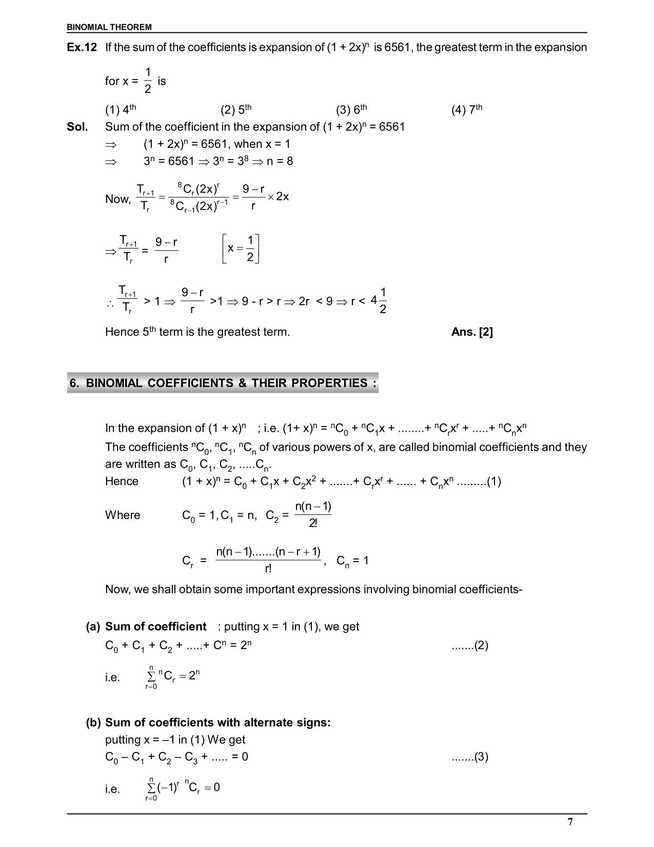 Binomial Theorem Class 11 Notes: Coefficient and Properties