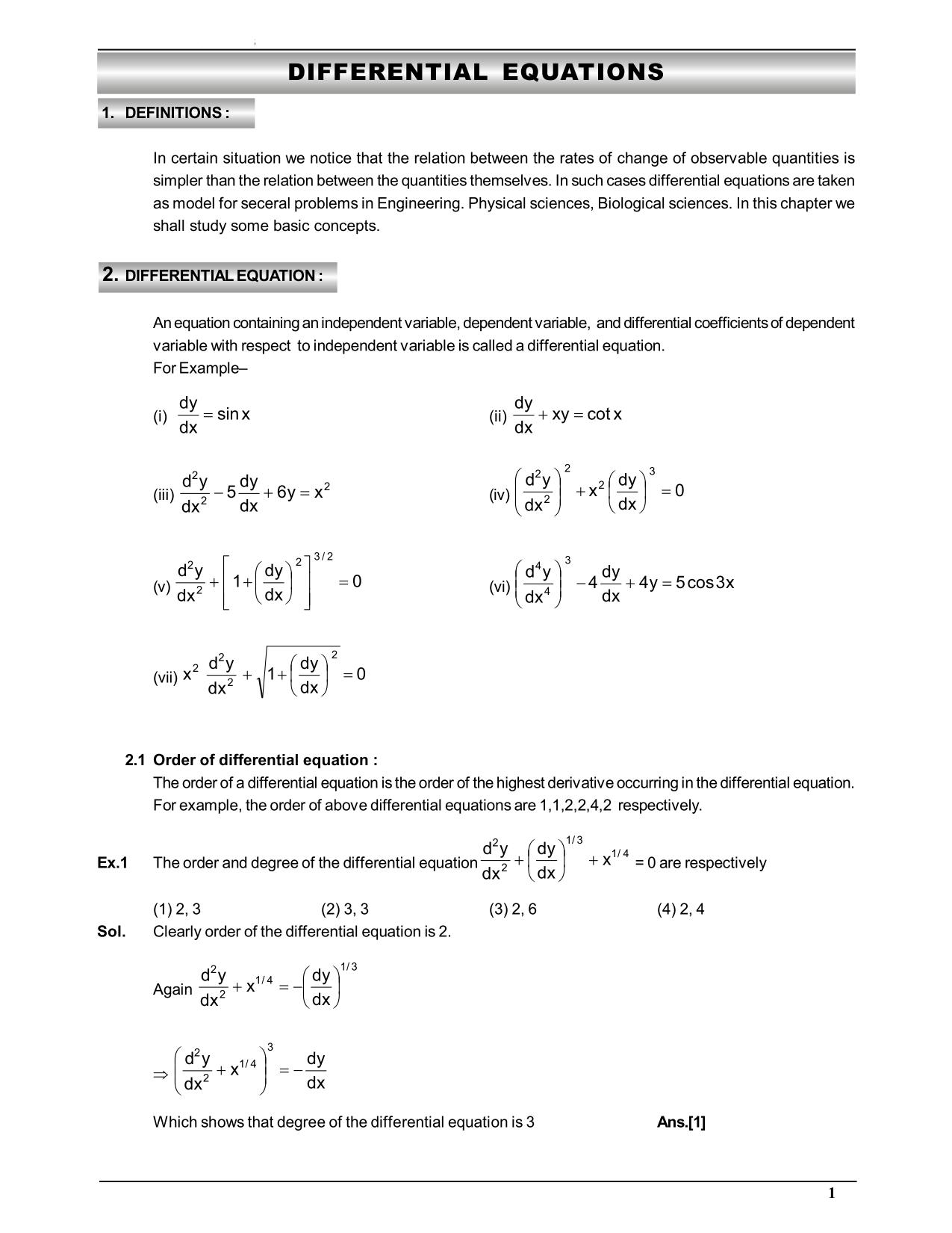 Differential Equations Class 12 Notes 