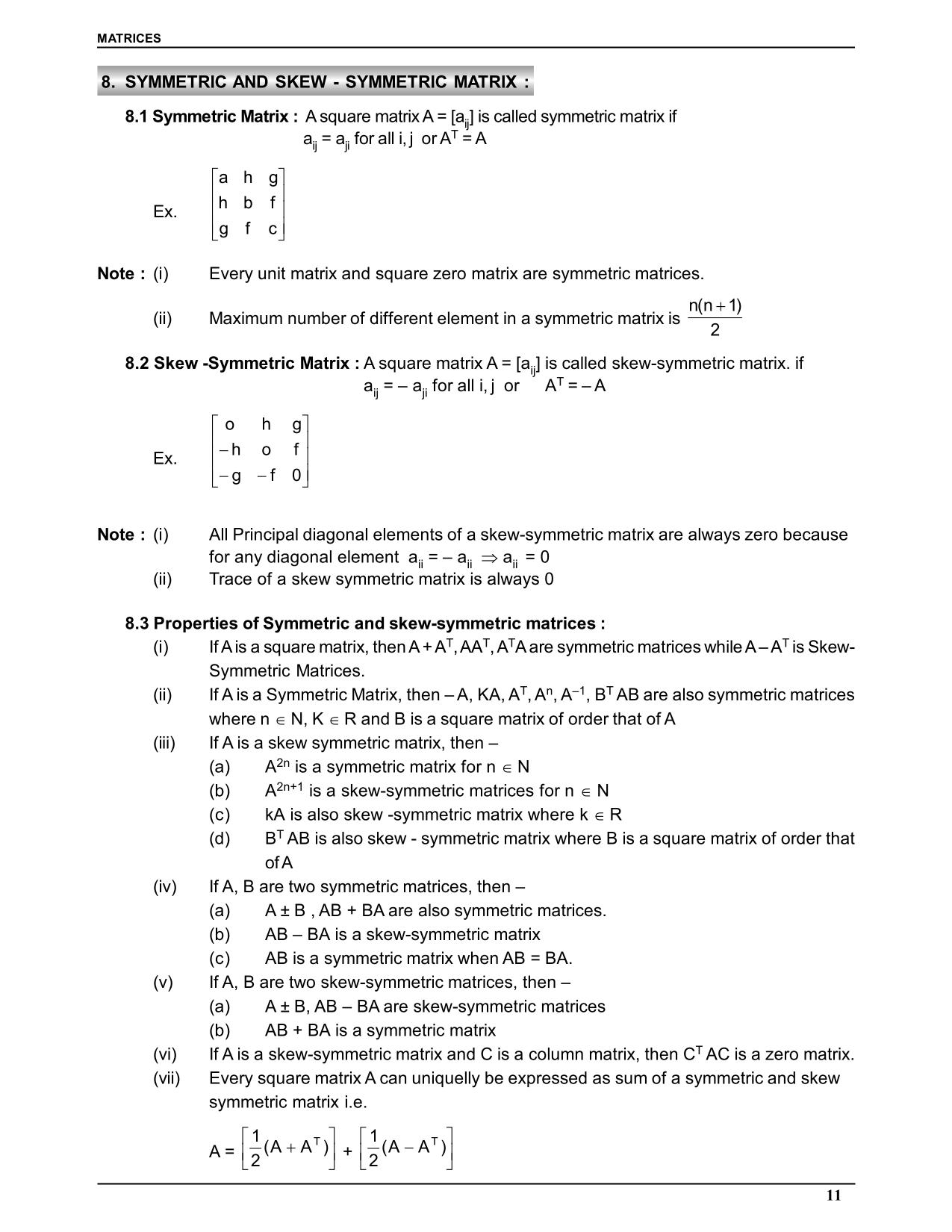 Matrices Class 12 Notes