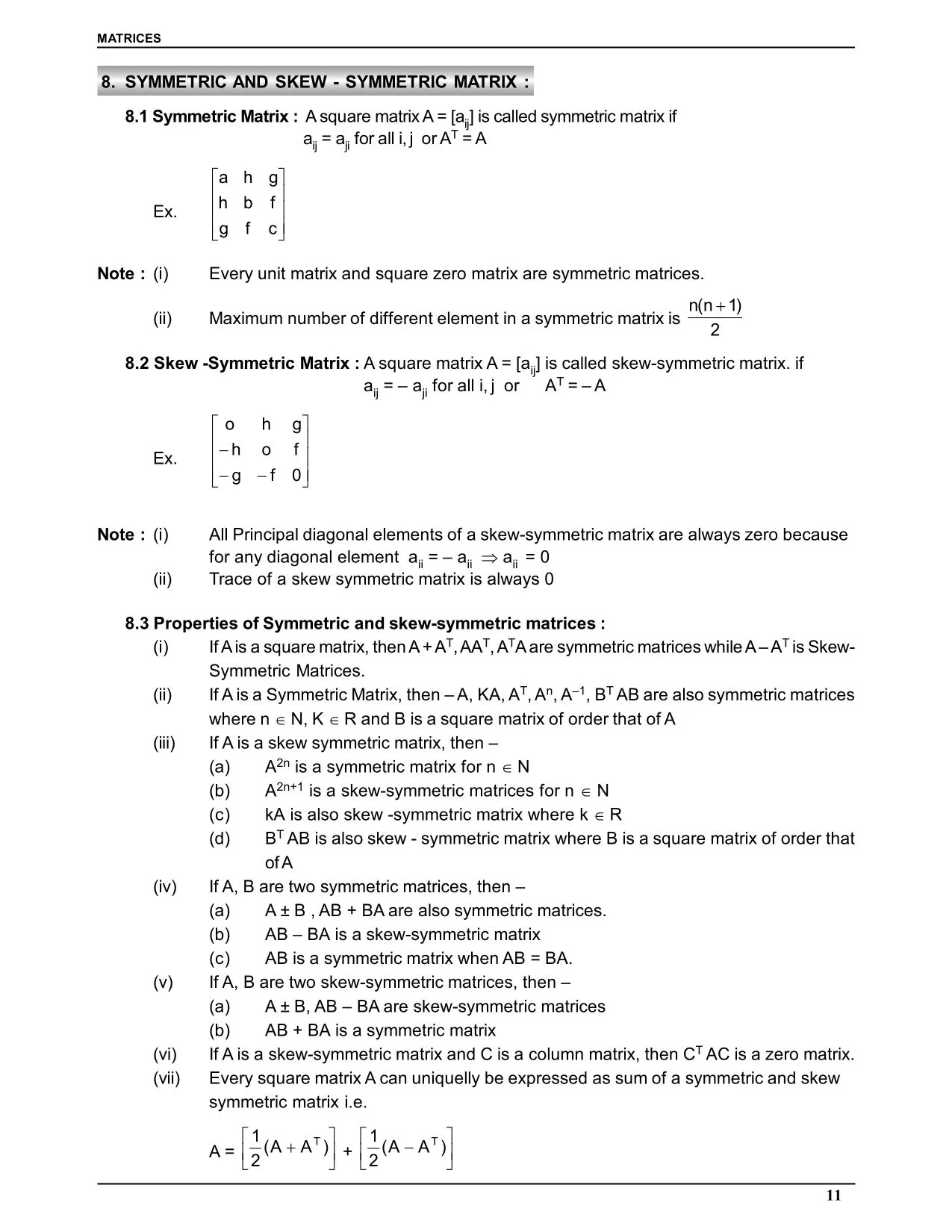 Matrices Class 12 Notes