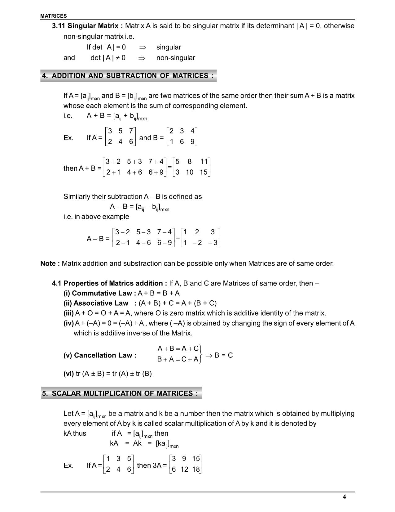 Matrices Class 12 Notes: Addition and Substraction in Matrices