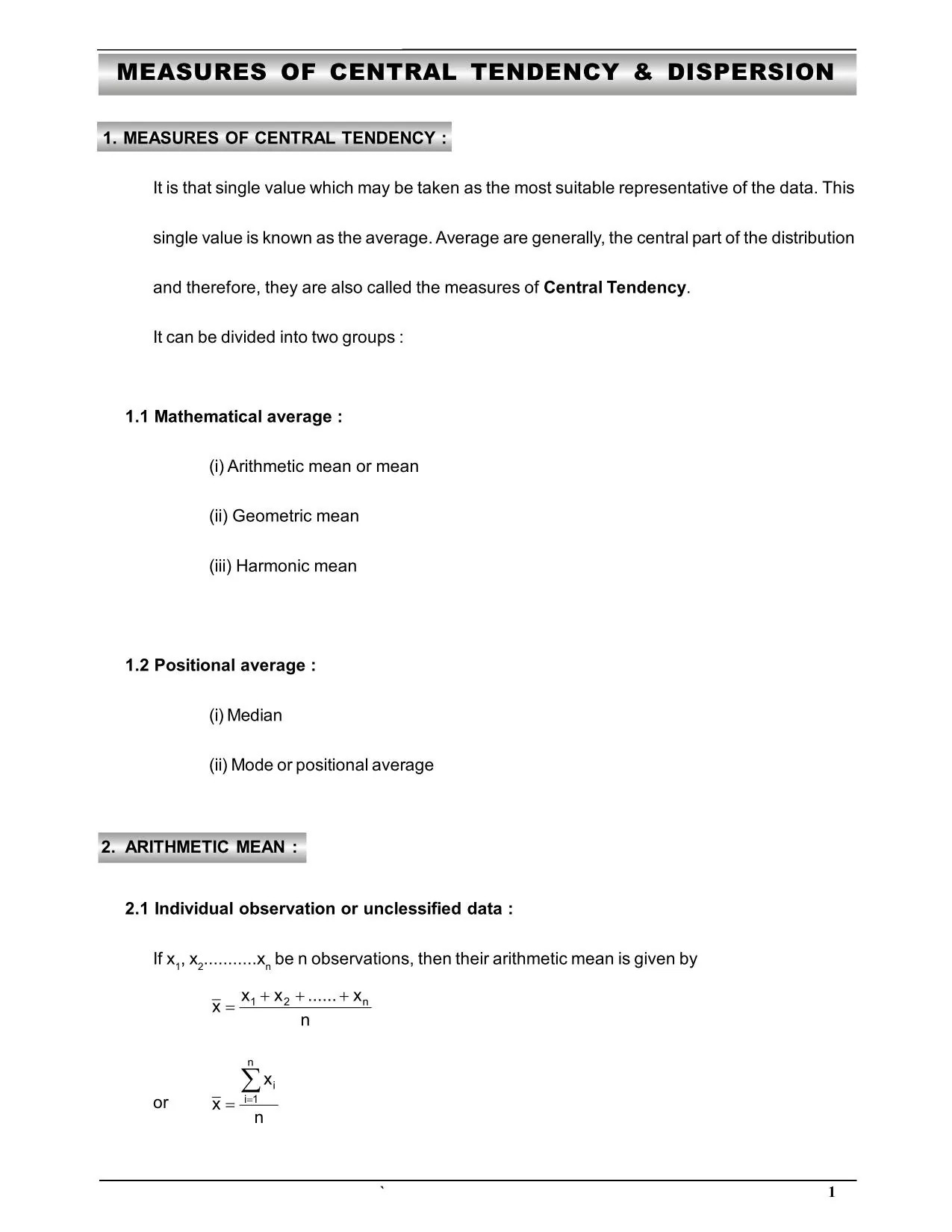 Measures of Central Tendency & Dispersion