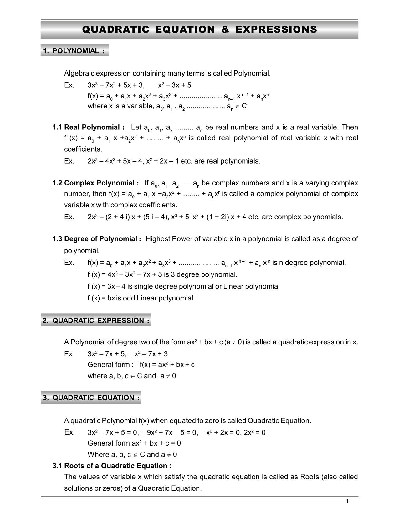Quadratic Equation & Expressions