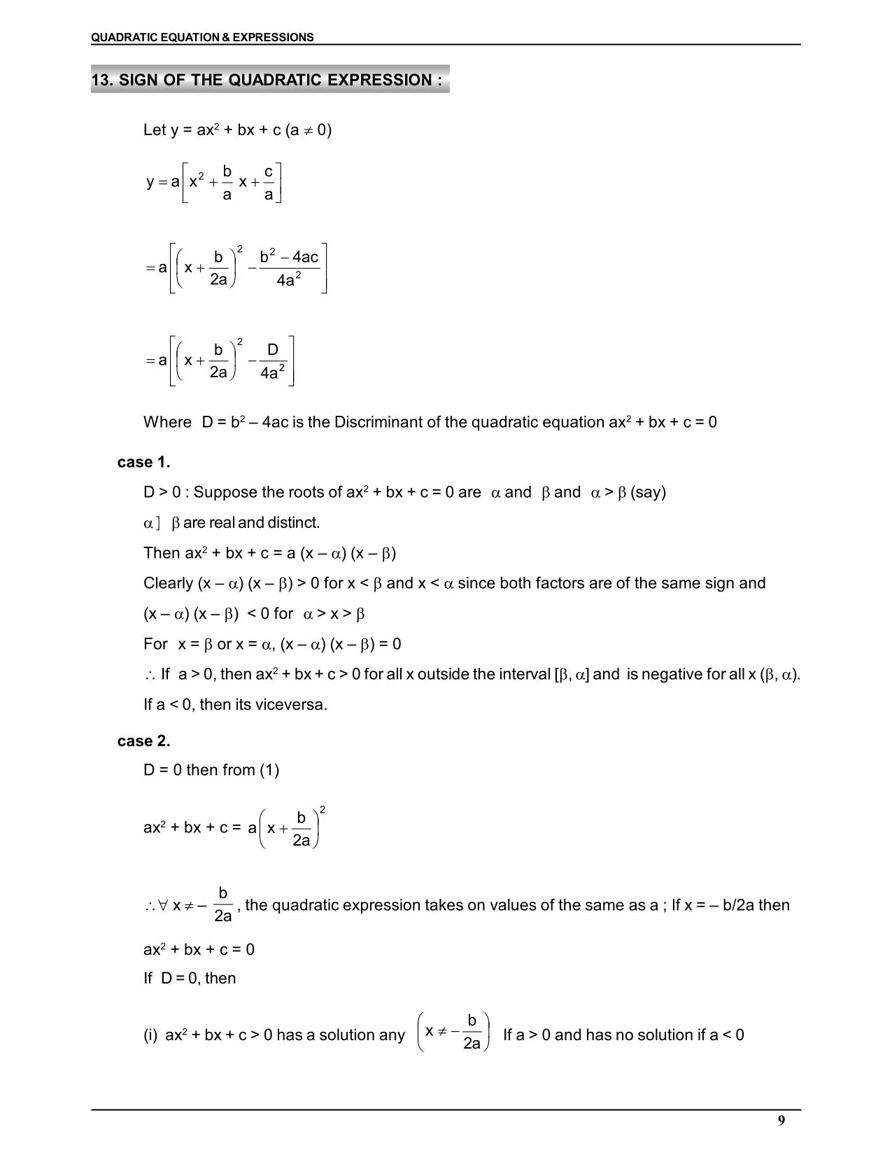 Quadratic Equation & Expressions