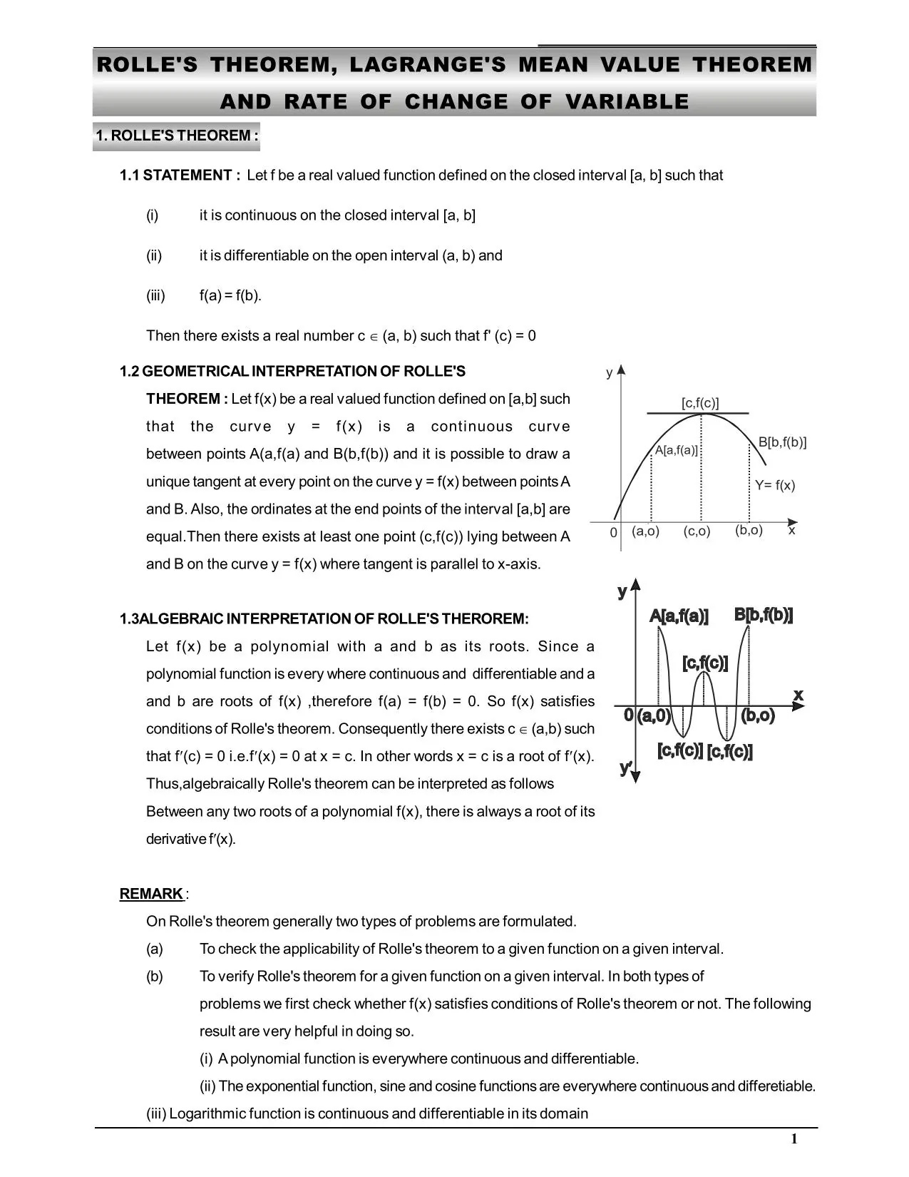 Rolle's Theorem & Lagrange's mean value theorem and Rate of Change of Variable
