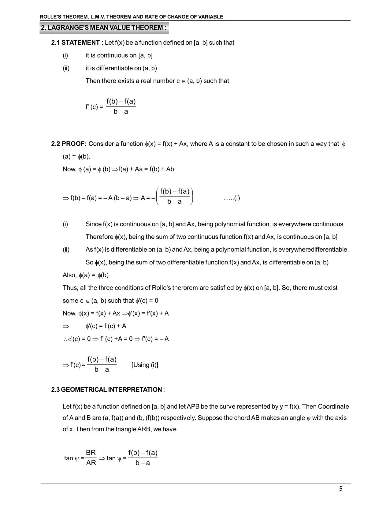 Rolle's Theorem & Lagrange's mean value theorem and Rate of Change of Variable