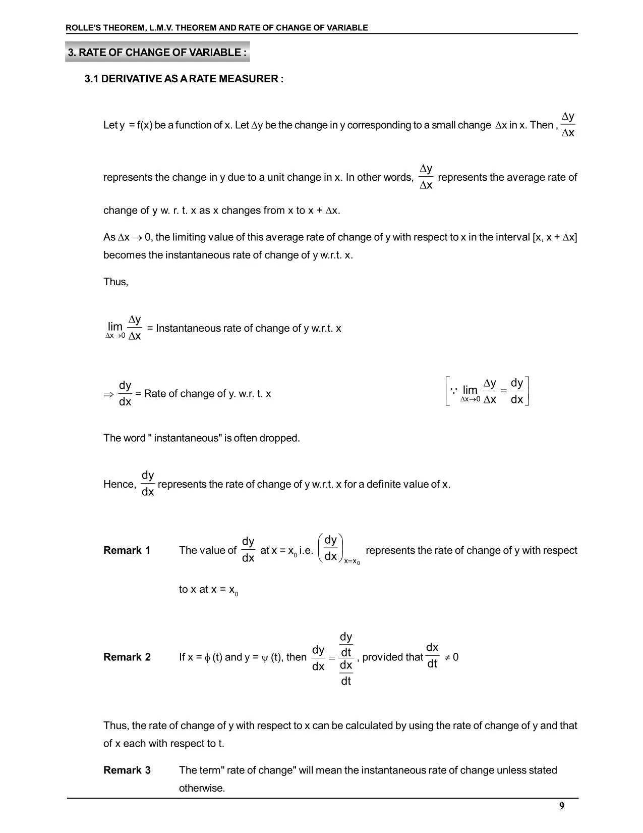 Rolle's Theorem & Lagrange's mean value theorem and Rate of Change of Variable