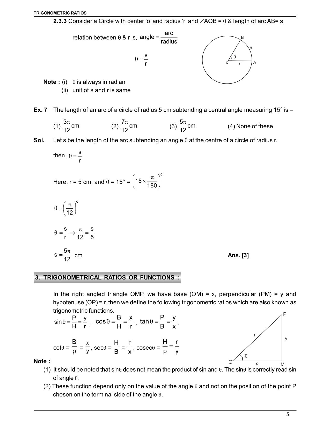 Trigonometric Ratio Class 11 Notes 