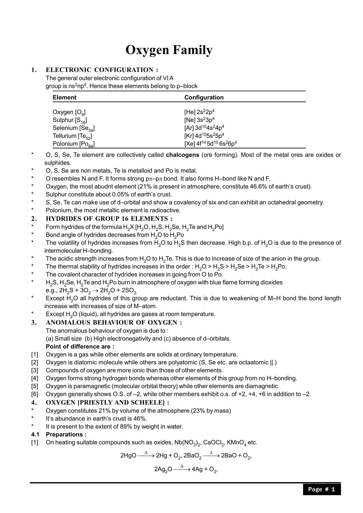 Oxygen Family Elements
