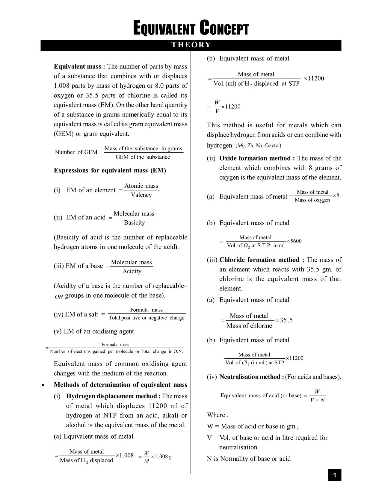 Equivalent Concept Short Notes for Class 11, JEE & NEET