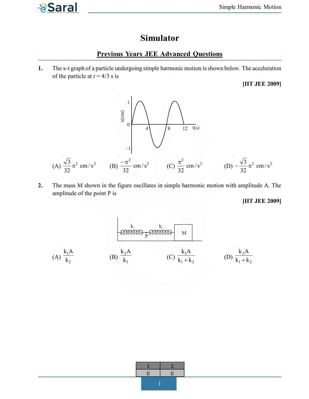 Simple Harmonic Motion - JEE Advanced Previous Year Questions with Solutions