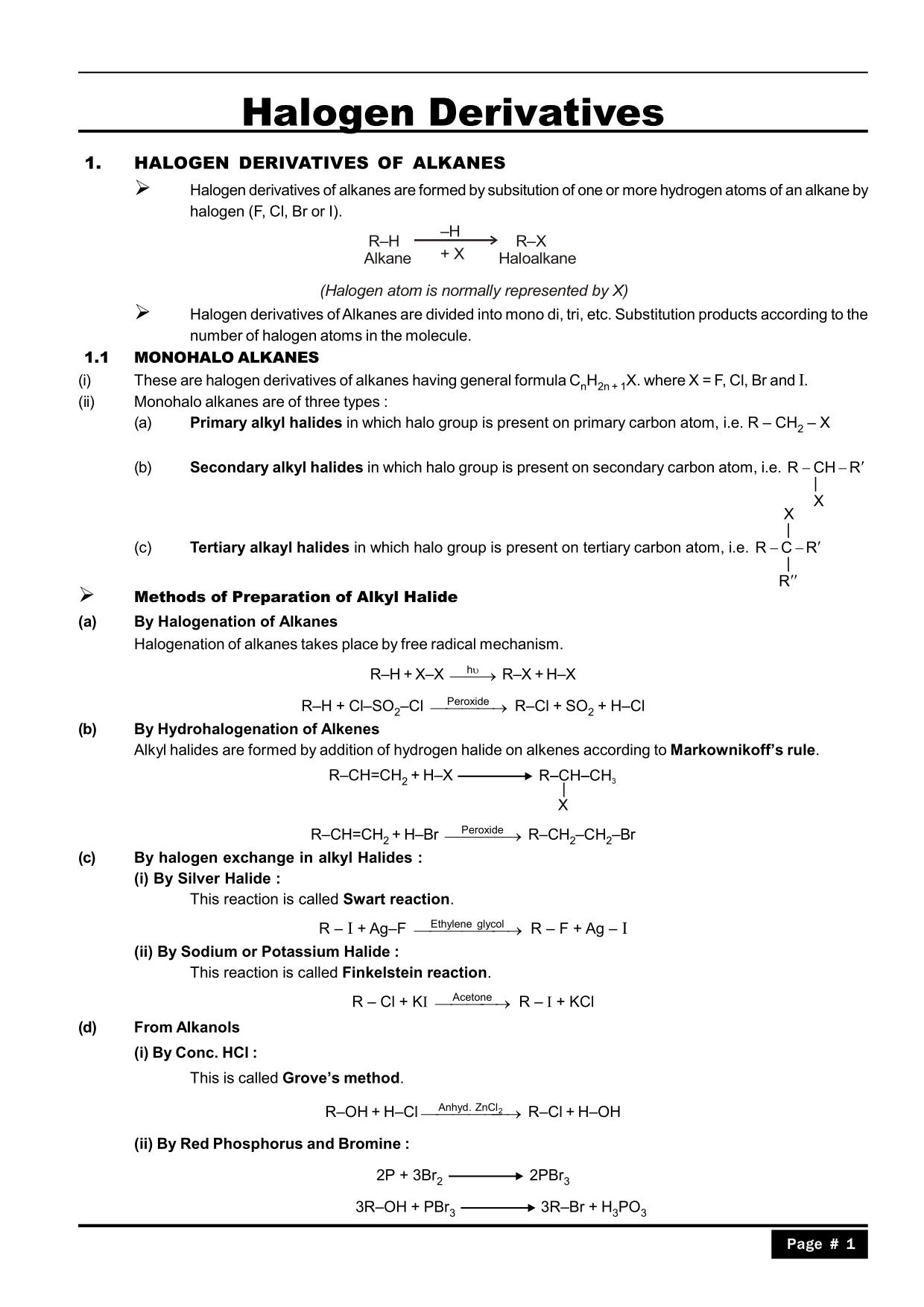 Halogen Derivatives Notes for Class 12, IIT JEE & NEET