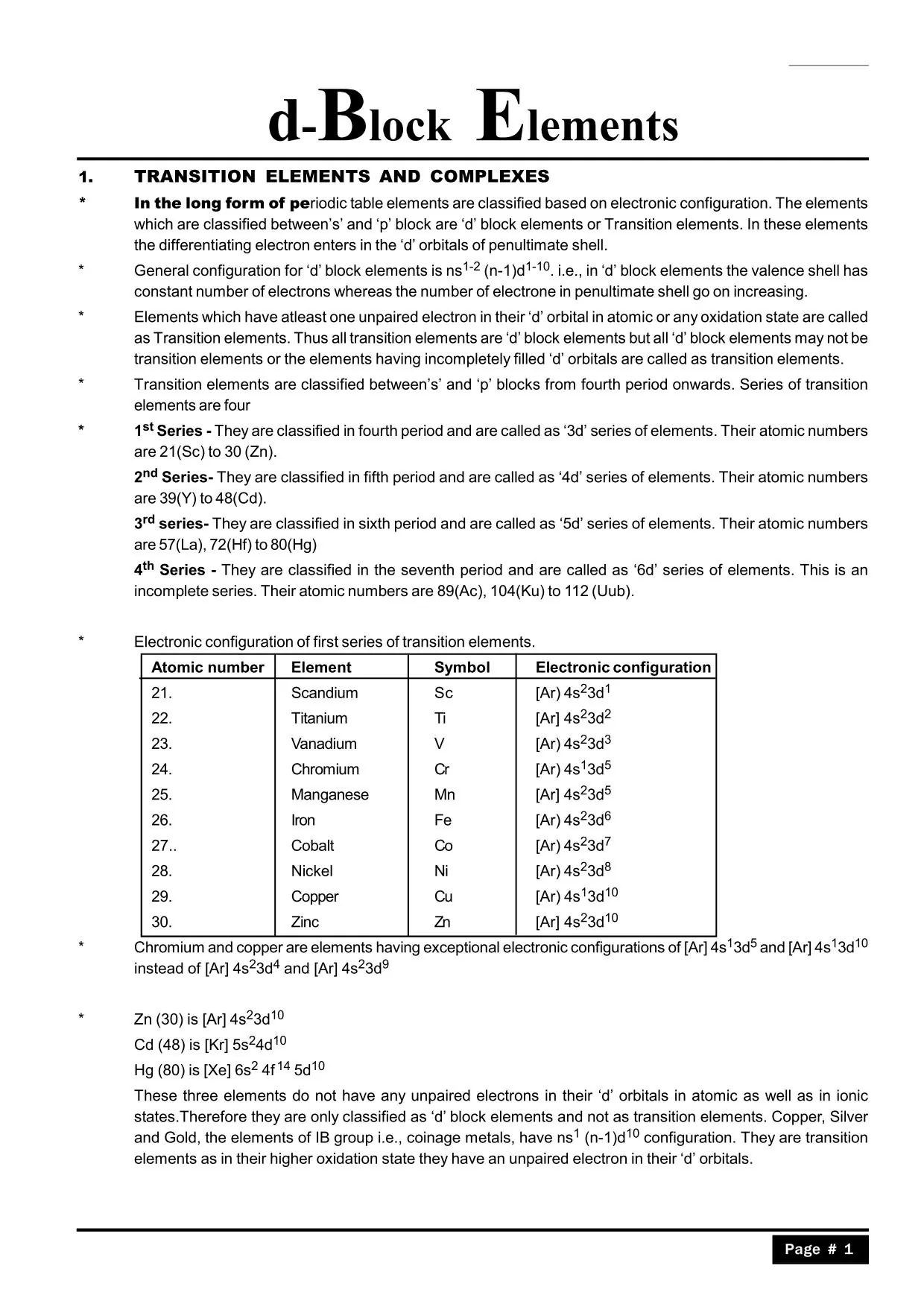 D and F Block Elements Class 12 Notes