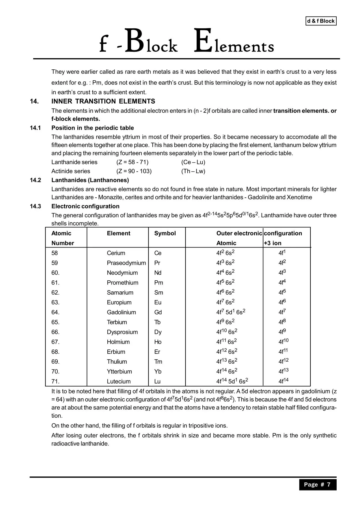 D and F Block Elements Class 12 Notes: F Block
