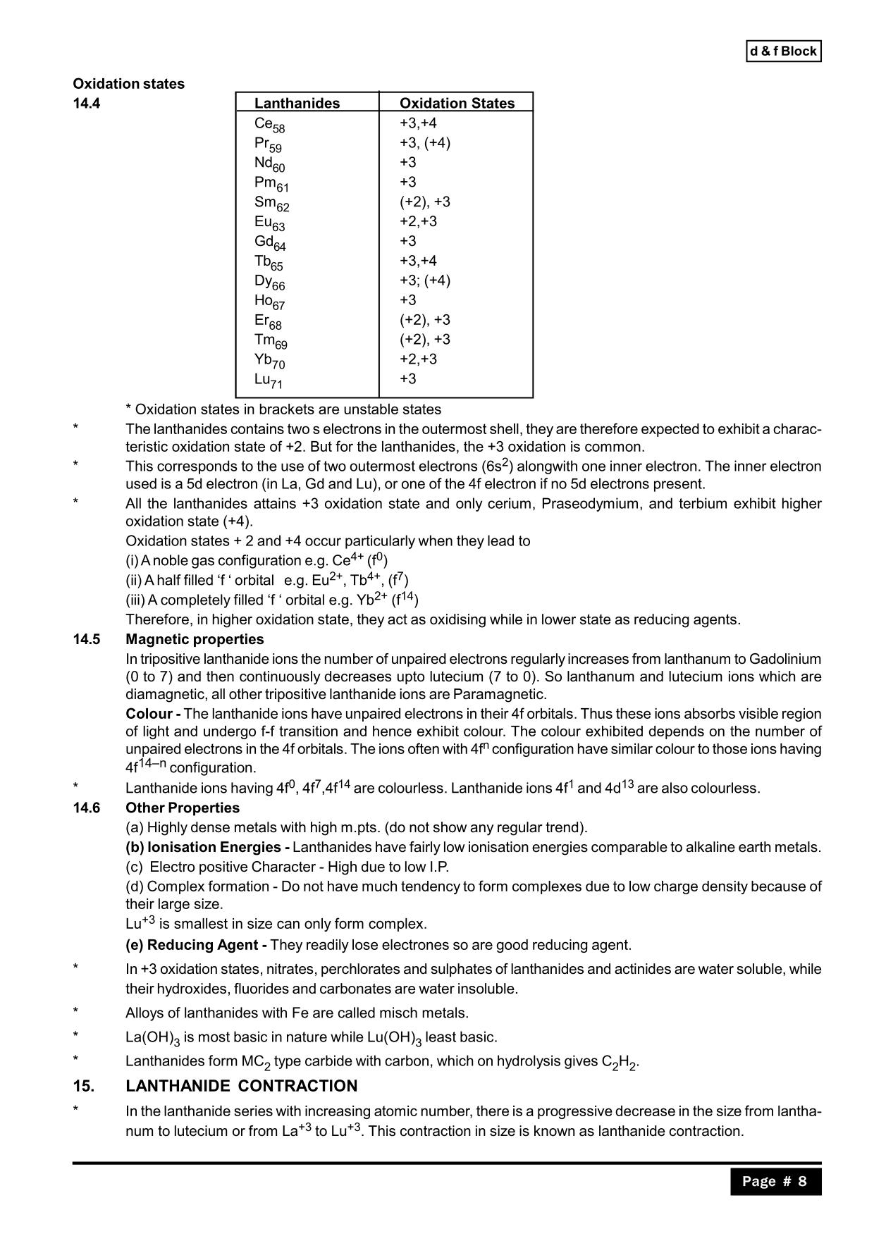 D and F Block Elements Class 12 Notes: Lanthanide Contraction