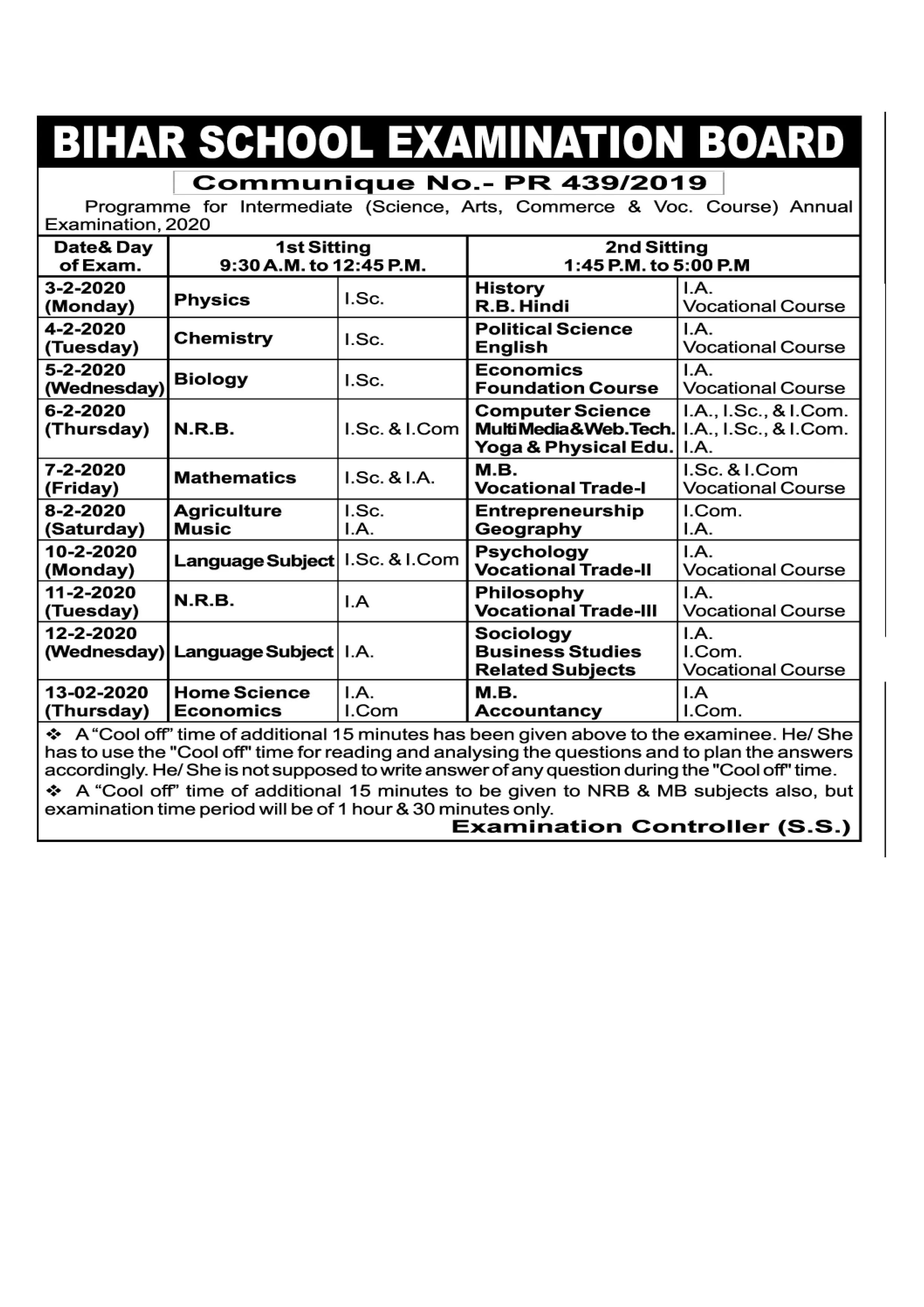 Bihar Board Time Table 2020