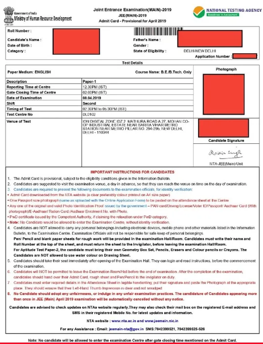 JEE Main 2020 Admit Card 