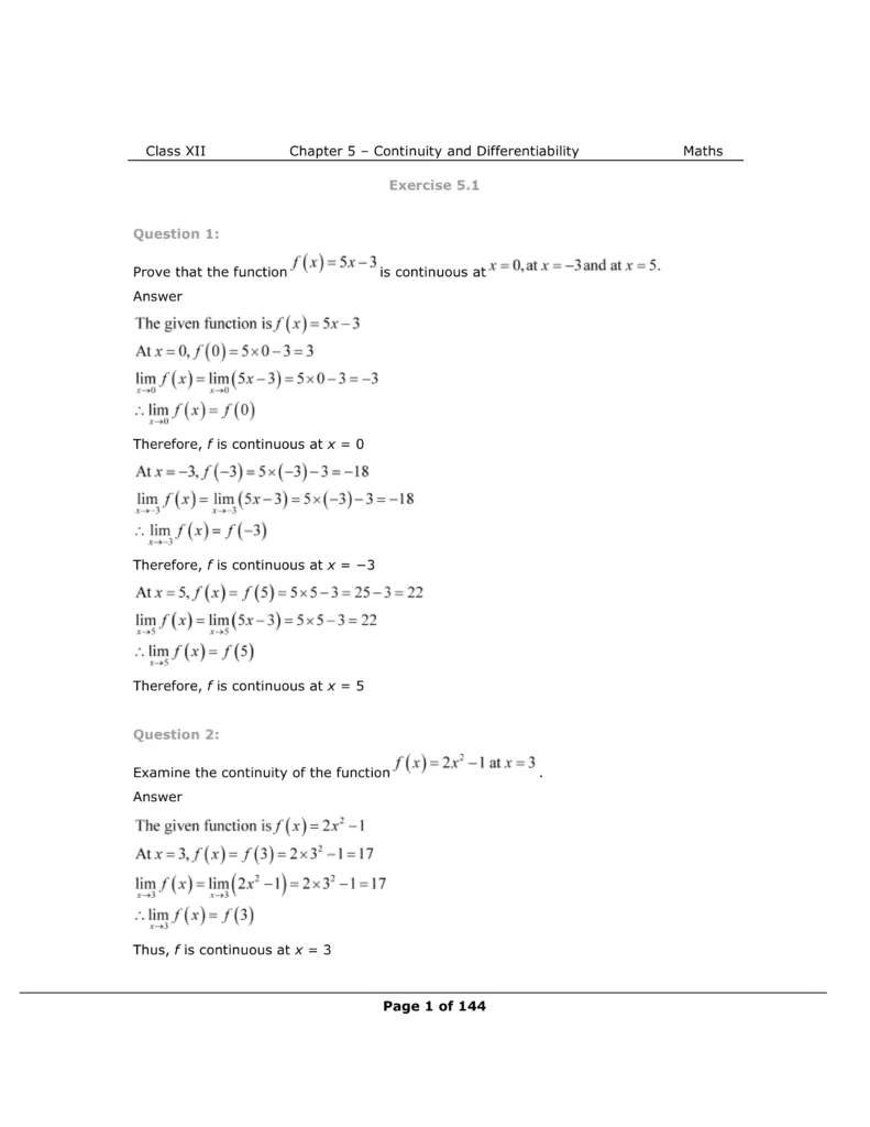 NCERT Class 12 Maths Chapter 5 Exercise 5.1 Solutions Image 1