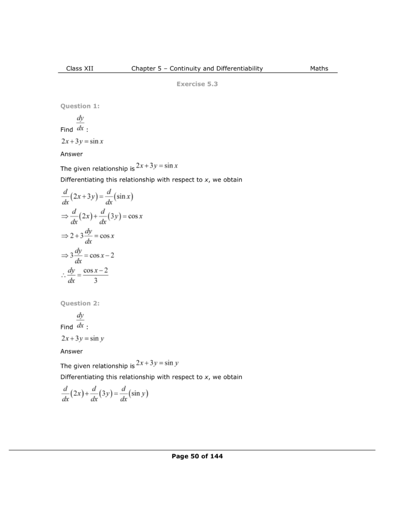 NCERT Class 12 Maths Chapter 5 Exercise 5.3 Solutions Image 1