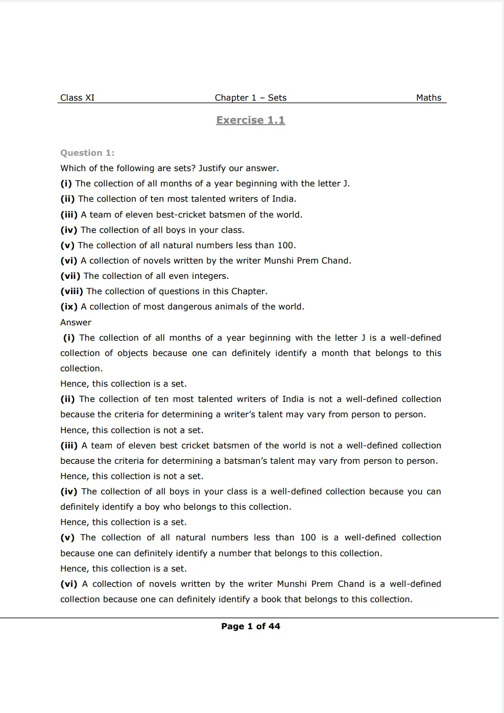Class 11 Maths Chapter 1 Exercise 1.1 solutions - Image 1