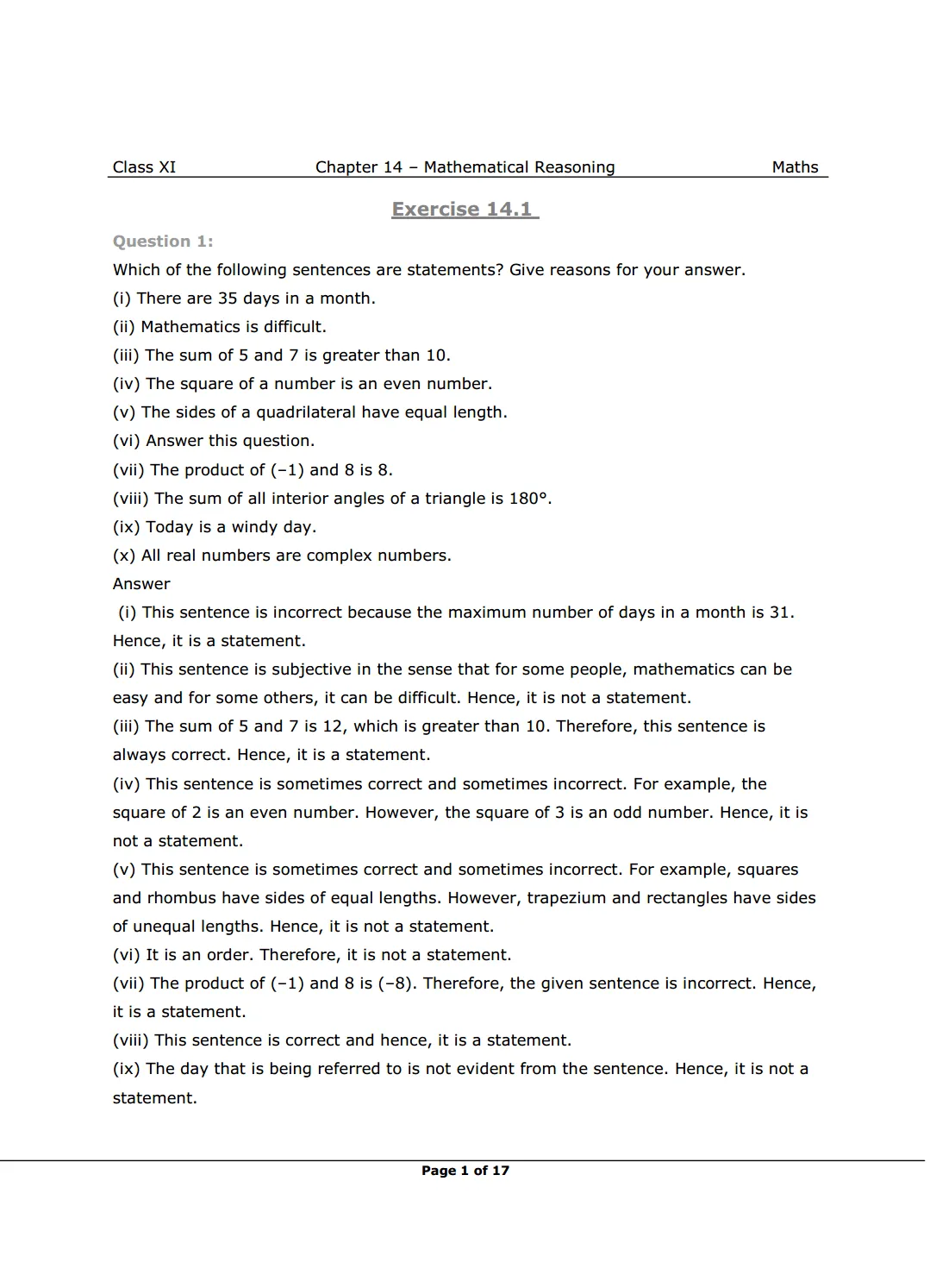 NCERT Class 11 Maths Chapter 14 Exercise 14.1 Solutions image 1