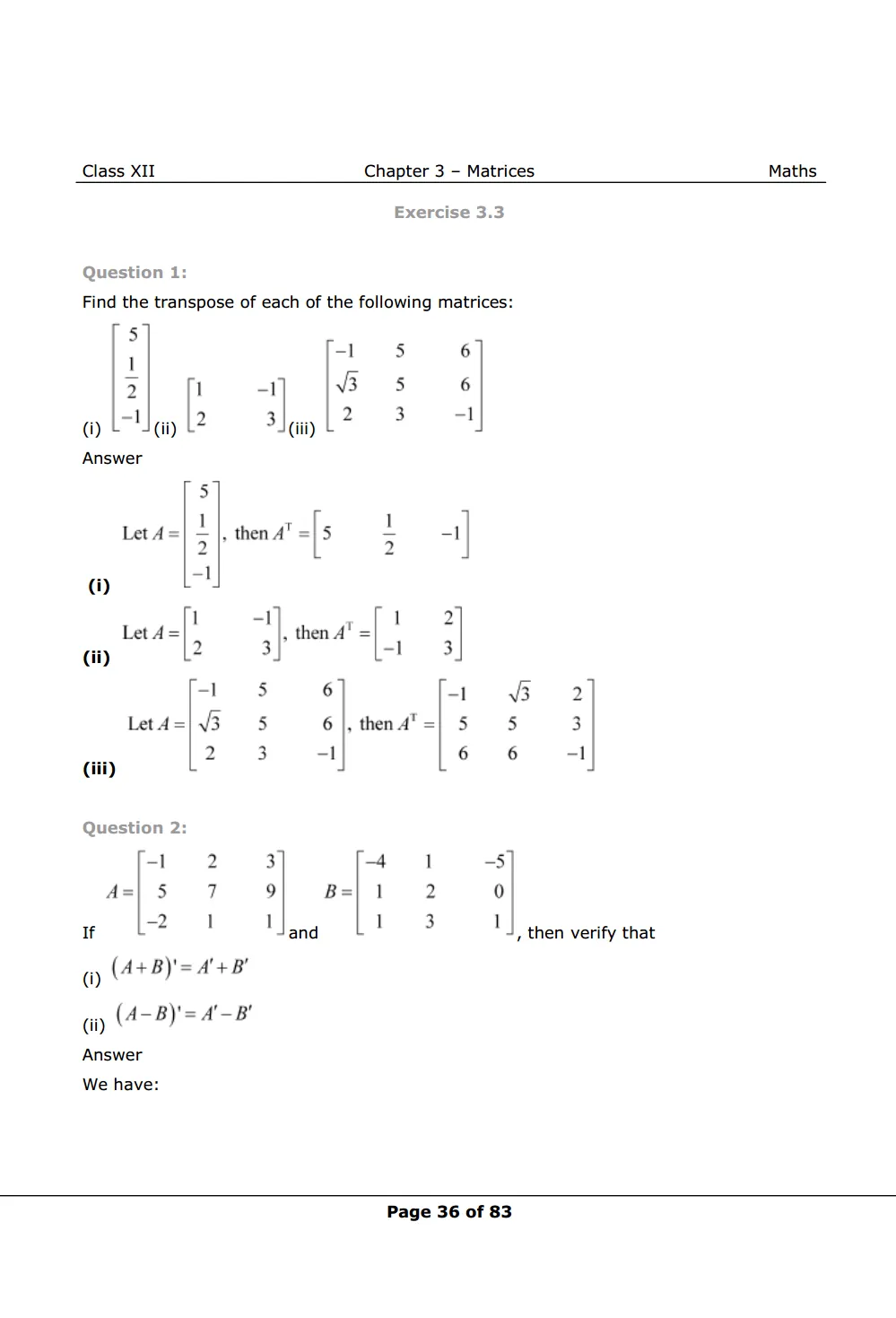 NCERT Class 12 Maths Chapter 3 Exercise 3.3 Solutions Image 1