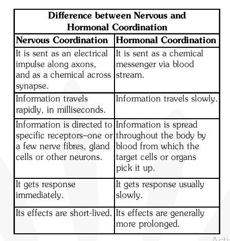 Compare and contrast nervous and hormonal mechanisms for control and coordination in animals.