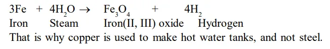 Give reasons why copper is used to make hot water tanks and not steel (an alloy of iron).