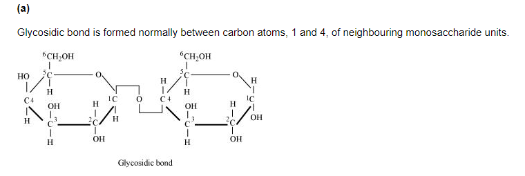 Glycosidic bond is formed normally between carbon atoms, 1 and 4, of neighbouring monosaccharide units.