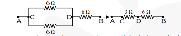 Show how you would connect three resistors, each of resistance 6 , so that the combination has a resistance of (i) 9 (ii) 2 .