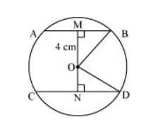The lengths of two parallel chords of a circle are 6 cm and 8 cm. 
