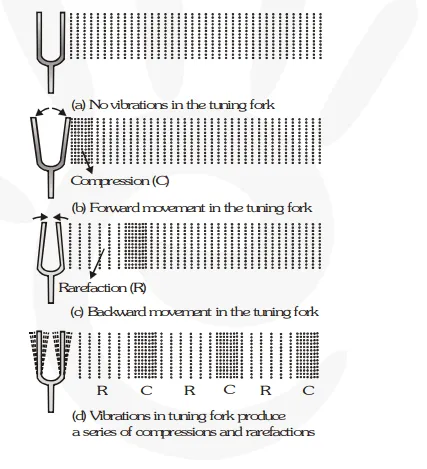 When a vibrating body like a tuning fork moves forward, it creates a region of high pressure in its vicinity. This region o