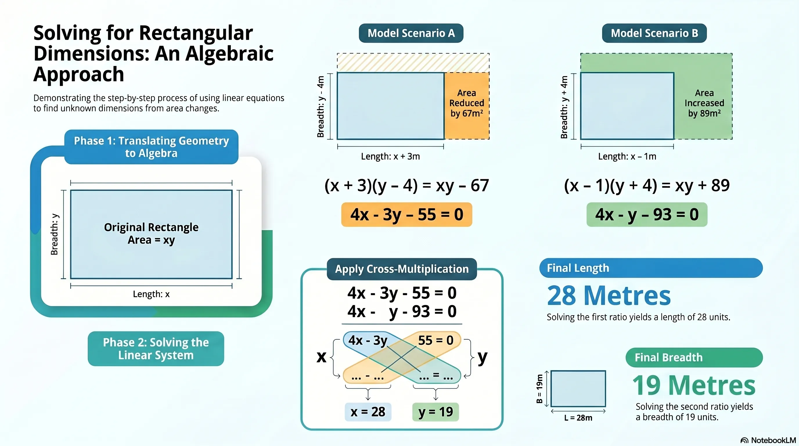 In a rectangle, if the length is increased by 3 meters and breadth is decreased by 4 meters,