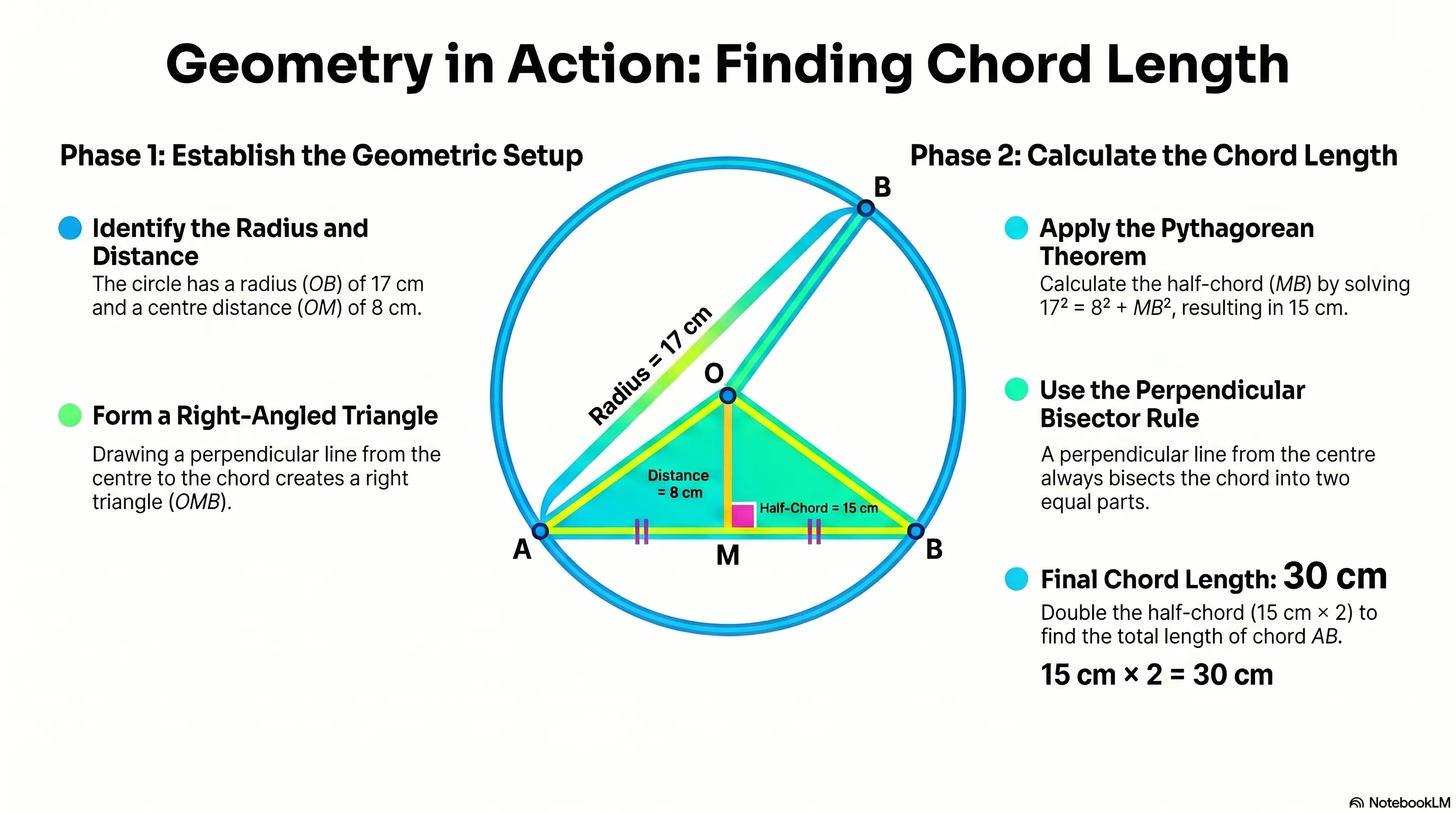 A chord is at a distance of 8 cm from the centre of a circle of radius 17 cm.