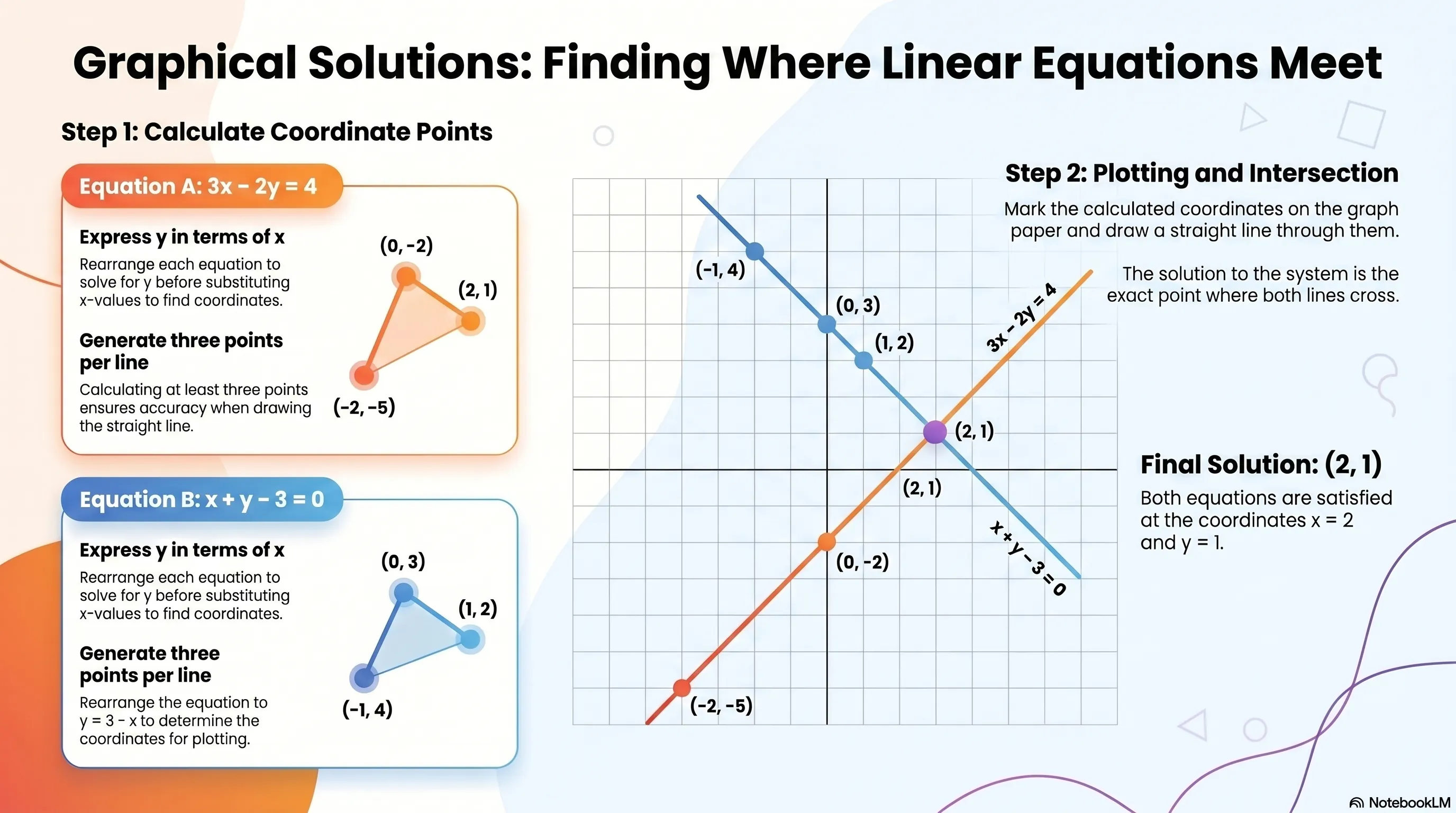 Draw the graphs of the equations 3x – 2y = 4 and x + y – 3 = 0. On the same graph paper,