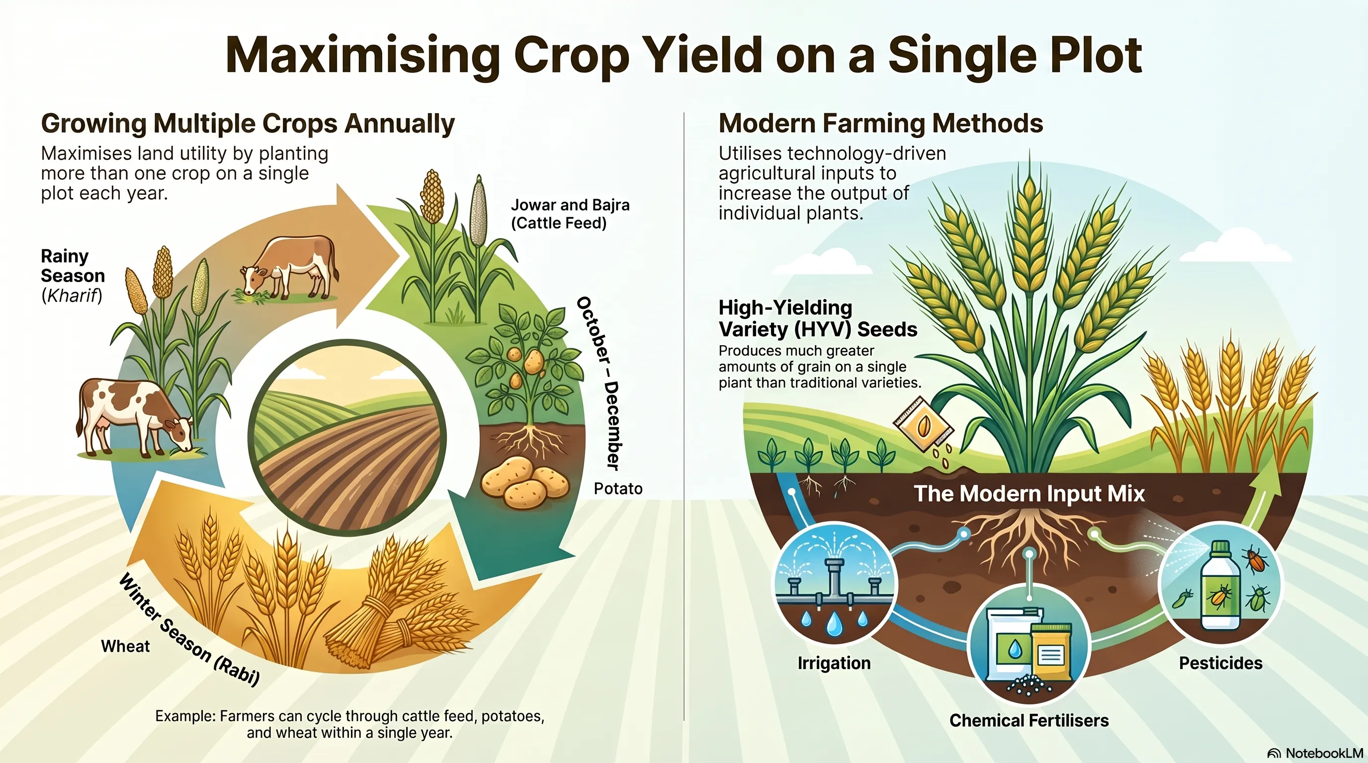What are the different ways of increasing production on the same piece of land?